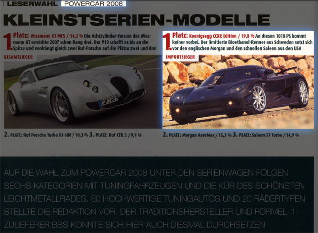 Koenigsegg CCXR wins POWER CAR OF THE YEAR 2008