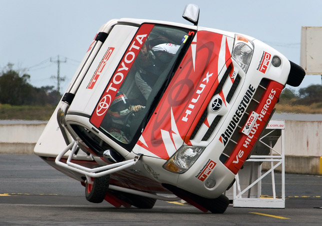 Timo Glock driving with the Toyota Hilux stunt in Melbourne