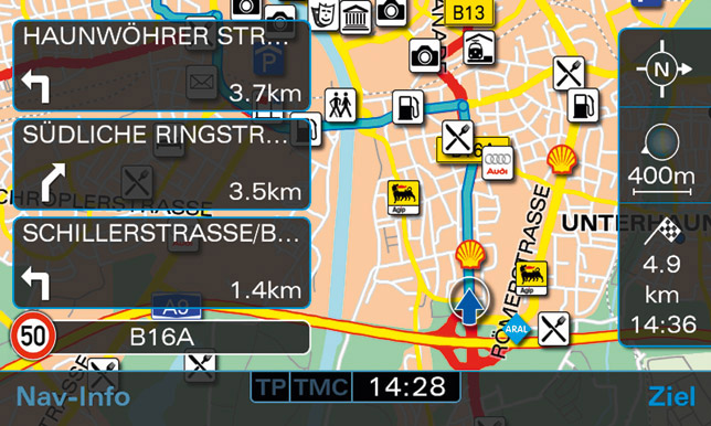 Audi navigation system plus - Navigation map with list of directions and speed limit indicator