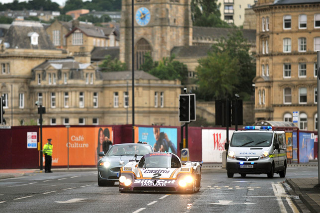 The iconic Le Mans winning Jaguar XJR-9LM car runs through the streets of Bradford during the 2009 Bradford Classic. 