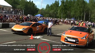 lamborghini gallardo ugr twin turbo 2005hp vs nissan juke-r, gt-r dt1200r and mustang shelby gt
