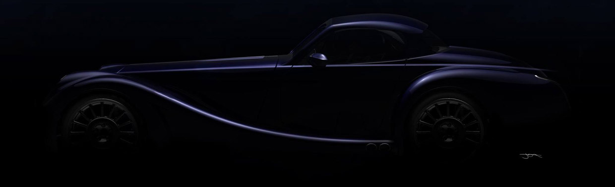 The final teaser image showing the sleek profile of the future turbocharged Morgan.