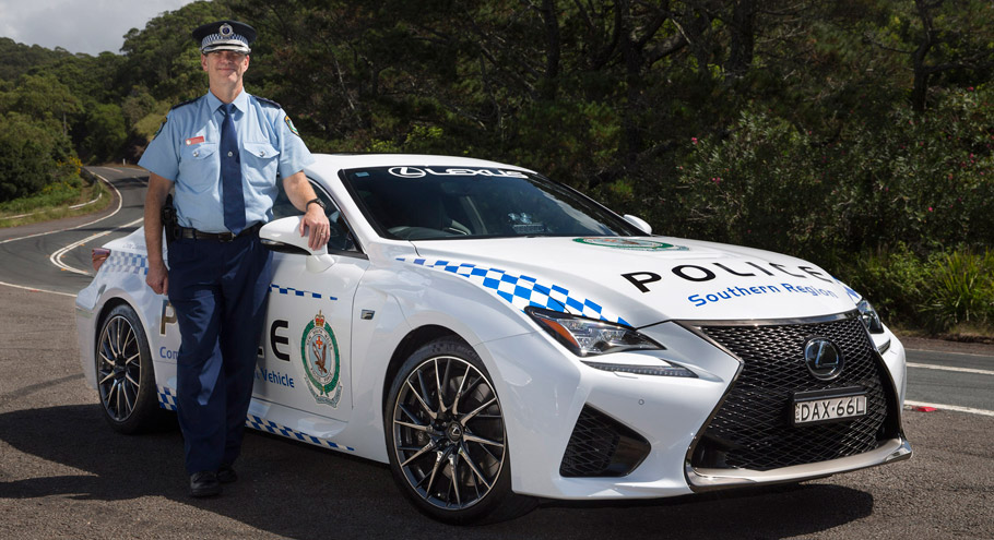Lexus RC F NSW Police Coupe Side view with officer 